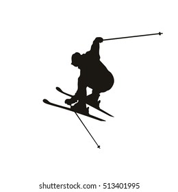 Silhouette of single mountain skier isolated on a white background. Vector illustration