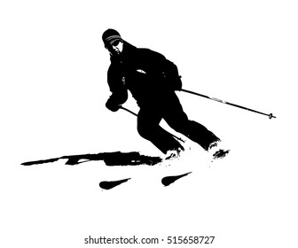 Silhouette of single mountain skier isolated on a white background. Vector illustration