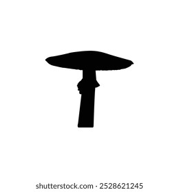 Silhouette of a single mushroom with a wide flat cap and thick stem. Simple black vector illustration on a white background. Minimalist nature symbol for design and print