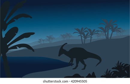 Silhouette of single parasaurolophus at the night