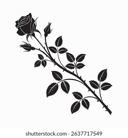 Silhouette of a single rose with buds and leaves on a stem