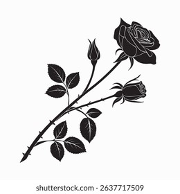 Silhouette of a single rose stem with thorns, leaves, and buds - Vector Rose
