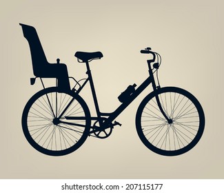 Silhouette of single speed step through (open) frame urban bicycle with back baby seat 