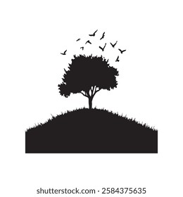 Silhouette of a single tree on a hill with birds flying isolated on white background