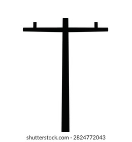 Silhouette of a single utility pole with crossbar isolated on white background