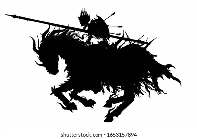 The silhouette of  sinister skeleton knight in a Royal crown, with a shield on his back and lance in front, riding a demonic horse rushing into battle. The horse is wearing spiked armor and rags. 2D.