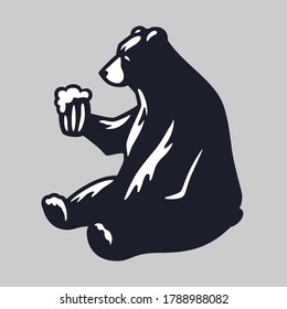 Silhouette of sitting bear with pint of craft beer in paw for bavarian octoberfest emblem and poster