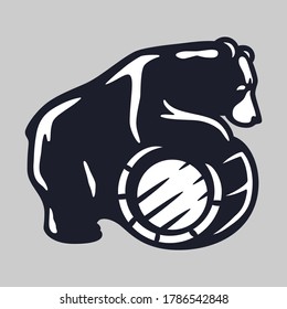 Silhouette of sitting bear with wood barrel of beer or honey in paw for emblem and poster