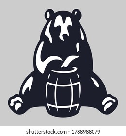Silhouette of sitting bear with wood barrel of beer or honey in paw for emblem and poster