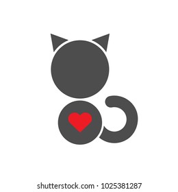 Silhouette of sitting black cat with red heart on white background. Pets care. Vector icon.