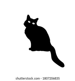 Silhouette of a sitting black cat, vector illustration of a black cat silhouette with its eyes wide open, isolated on white background.