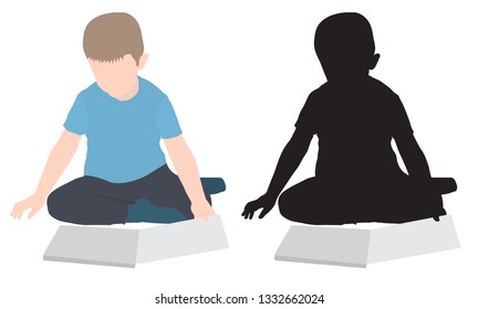 Silhouette of sitting boy looking at book, colored and black, isolated. Vector illustration