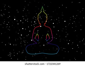 Silhouette of sitting Buddha with space and stars isolated on black background. Vector illustration. Vintage composition. Indian, Buddhism, Spiritual motifs. Tattoo, yoga, spirituality.