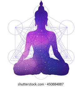 Silhouette of sitting Buddha with space and stars inside over sacred geometry background. Vector illustration. Vintage composition. Indian, Buddhism, Spiritual motifs. Tattoo, yoga, spirituality.