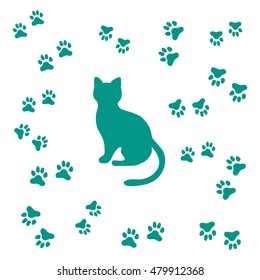 Silhouette sitting cat and animal traces on a white background