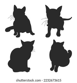 Silhouette of sitting cats in different positions, hand drawn pack of pet shapes and figures, isolated vector