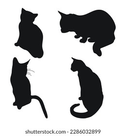 Silhouette of sitting cats in different positions, hand drawn pack of pet shapes and figures, isolated vector