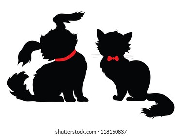 silhouette sitting cats and dogs on a white background