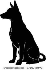 Silueta de perro sentado mirando a la izquierda con orejas puntiagudas y cola rizada