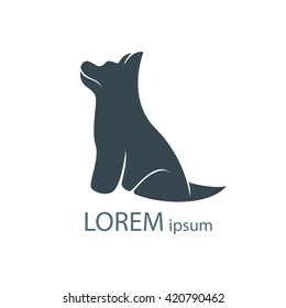 Silhouette of sitting dog looking upwards. Monochrome hand drawn logotype of pet isolated on white background. Easy editable. Vector concept design which can be used on print, cover or tattoo design.