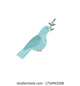 Silhouette of a sitting dove with olive branch. Blue pigeon doodle design. Vector flat hand drawn illustration.