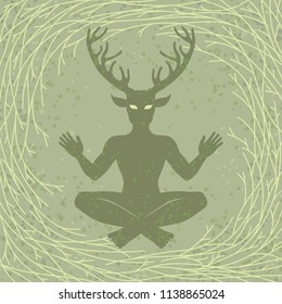 Silhouette of the sitting horned god Cernunnos. Mystic, esoteric, paganism, occultism. Vector illustration. Background - young branches of a tree form a nest.