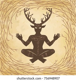 Silhouette of the sitting horned god Cernunnos. Mysticism, esoteric, paganism, occultism.  Vector illustration. Background - imitation of old paper, a tree branch.