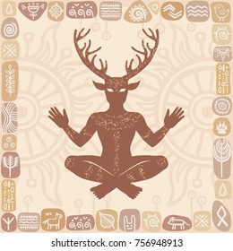 Silhouette of the sitting horned god Cernunnos. Mysticism, esoteric, paganism, occultism.  Vector illustration. Background - a decorative frame ethnic symbols.