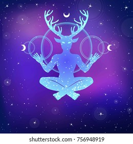 Silhouette of the sitting horned god Cernunnos. Mysticism, esoteric, paganism, occultism.  Vector illustration. Background - the Night star sky, symbols of the moon.