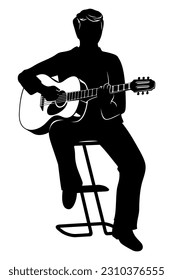 Silhouette of sitting man playing on acoustic guitar. Vector clipart isolated on white.