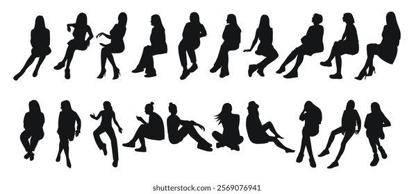 Silhouette of sitting people, image of a group of female figures. Silhouettes of women in diverse poses against, showcasing body language and movement