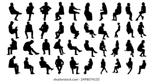 silhouette of sitting people man woman, men women Vector silhouettes of men women, a group of sitting on a bench chair business people, profile, black color isolated on white background