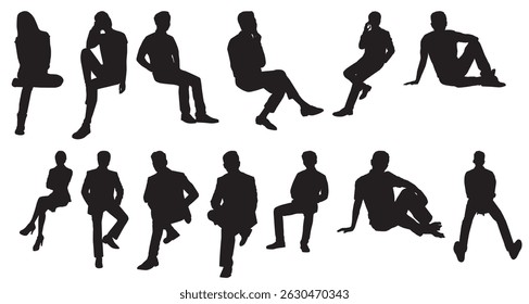 silhouette of sitting people men and women. people sitting on a chair, bench and floor. People, profile in black color isolated on transparent background.