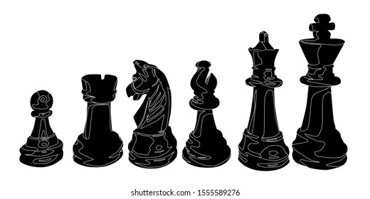 The silhouette of six chess pieces in black. Black chess pieces.