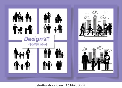 silhouette of six designs of members family vector illustration design