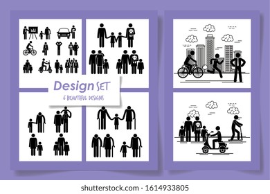 silhouette of six designs of members family vector illustration design
