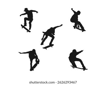 Silhouette skateboard illustration set. Skateboarding, sports, vector illustration. Dynamic Skateboarder Silhouettes Showcase Extreme Sports.