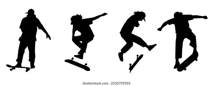 Silhouette skateboarder illustration set, skateboard black design collection. Vector illustration.