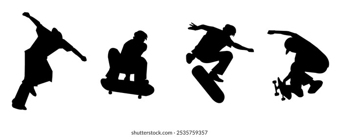 Silhouette skateboarder illustration set, skateboard black design collection. Vector illustration.