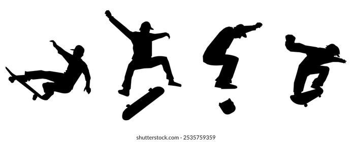 Silhouette skateboarder illustration set, skateboard black design collection. Vector illustration.