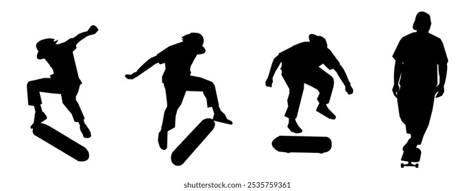 Silhouette skateboarder illustration set, skateboard black design collection. Vector illustration.