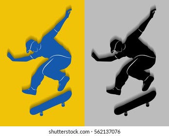 Silhouette of skateboarder jumping , black and color drawing, simple background