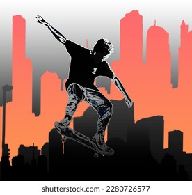Silhouette of a skateboarder jumping, digital painting, digital illustration