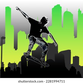 Silhouette of a skateboarder jumping, digital painting, digital illustration