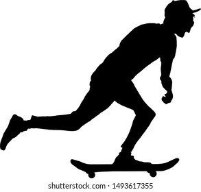 Silhouette of a skateboarder kick push his skateboard. Vector illustration.  