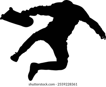 Silhouette of a skateboarder mid-air performing a trick, capturing dynamic movement and youthful energy against a transparent background.