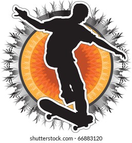 A silhouette of a skateboarder on a tribal circular background