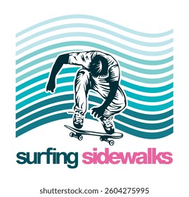 Silhouette of a skateboarder performing a trick in a composition with wavy stripes in the background.