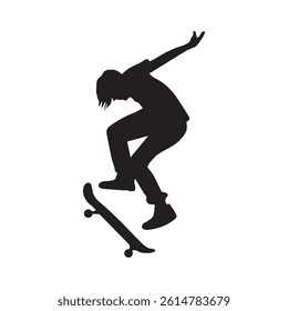 Silhouette of a skateboarder performing a trick, ideal for sports, action, and lifestyle designs.