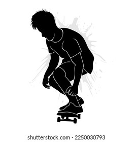 Silhouette of skateboarder skating on board isolated on white background